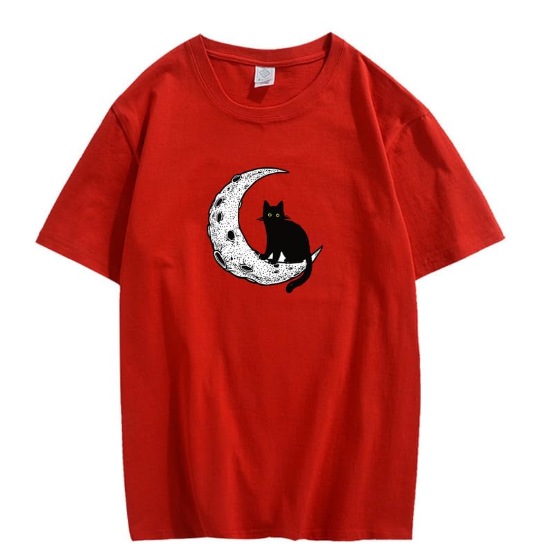 CORIRESHA Camiseta unisex de manga corta con cuello redondo y diseño de gato lunar, informal, de algodón suave