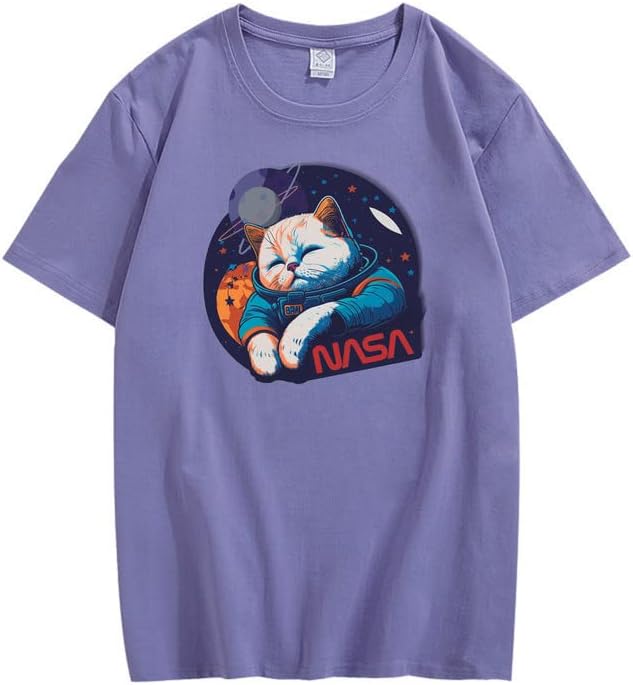 CORIRESHA Teen Cute Cat NASA Round Neck Short Sleeve Loose Space T-Shirt