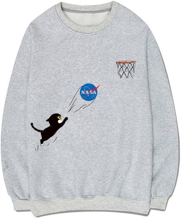 CORIRESHA Fall Cute Cat Crewneck Long Sleeves Casual Cozy NASA Sweatshirt