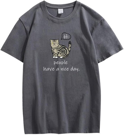 CORIRESHA Teen Cute Cat Crewneck Short Sleeve Casual Personalized Letter T-Shirt