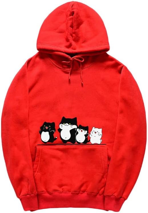 CORIRESHA Cute Cat Hoodie Drawstring Long Sleeve Kangaroo Pocket Simple Sweatshirt