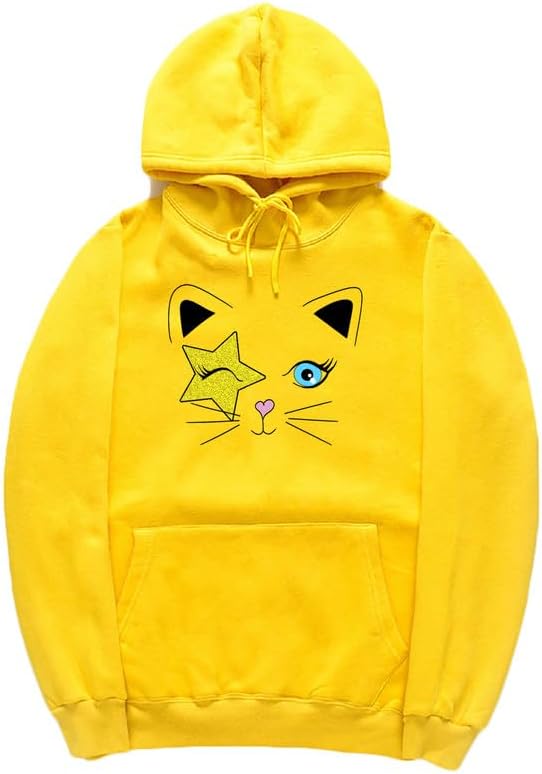 CORIRESHA Cat Lovers Hoodie Long Sleeve Drawstring Stars Teen Y2k Graphic Sweatshirt