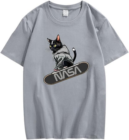 CORIRESHA Camiseta holgada informal de manga corta con cuello redondo y monopatín de gato para mujer