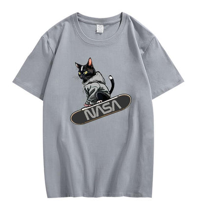 CORIRESHA Camiseta holgada informal de manga corta con cuello redondo y monopatín de gato para mujer
