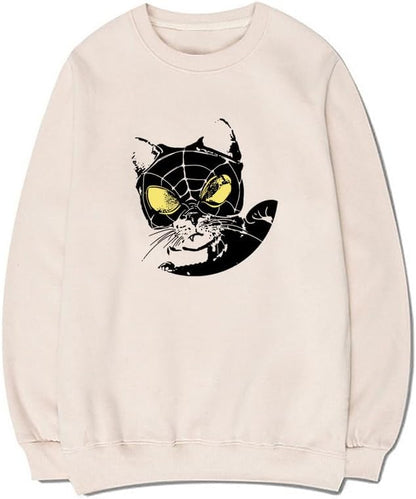 CORIRESHA Sudadera casual Y2K con diseño de telaraña para amantes de los gatos, cuello redondo, manga larga, para mujer