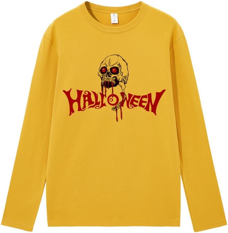 CORIRESHA Camiseta gótica de Halloween de manga larga con cuello redondo y estampado de calavera aterradora unisex