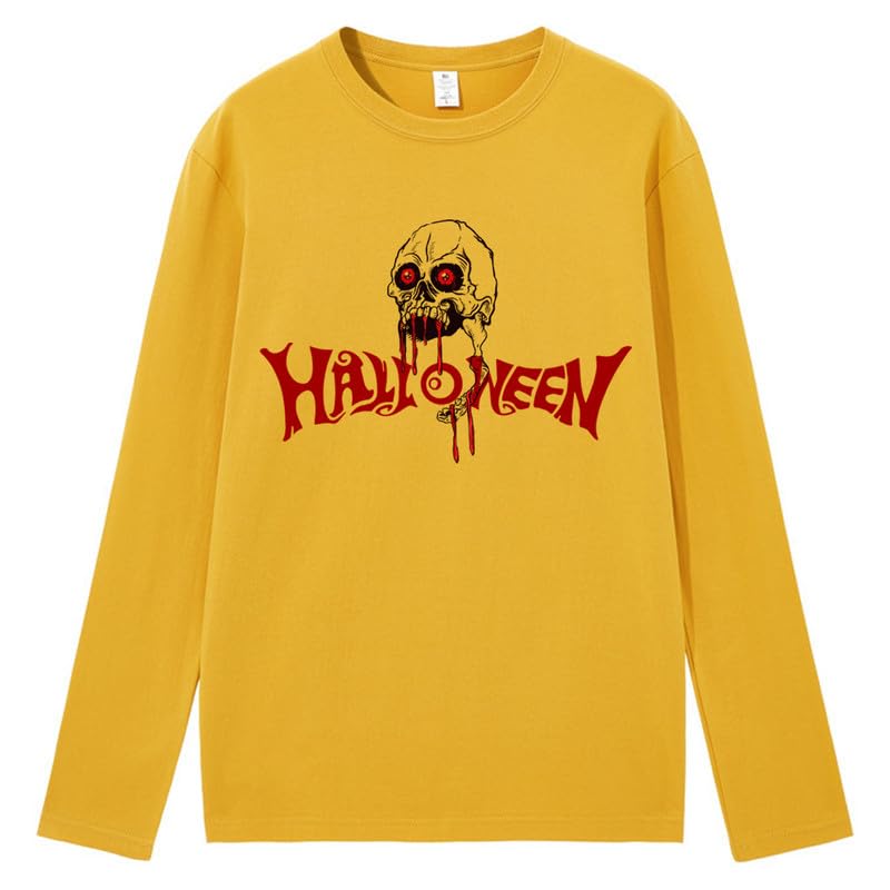 CORIRESHA Camiseta gótica de Halloween de manga larga con cuello redondo y estampado de calavera aterradora unisex