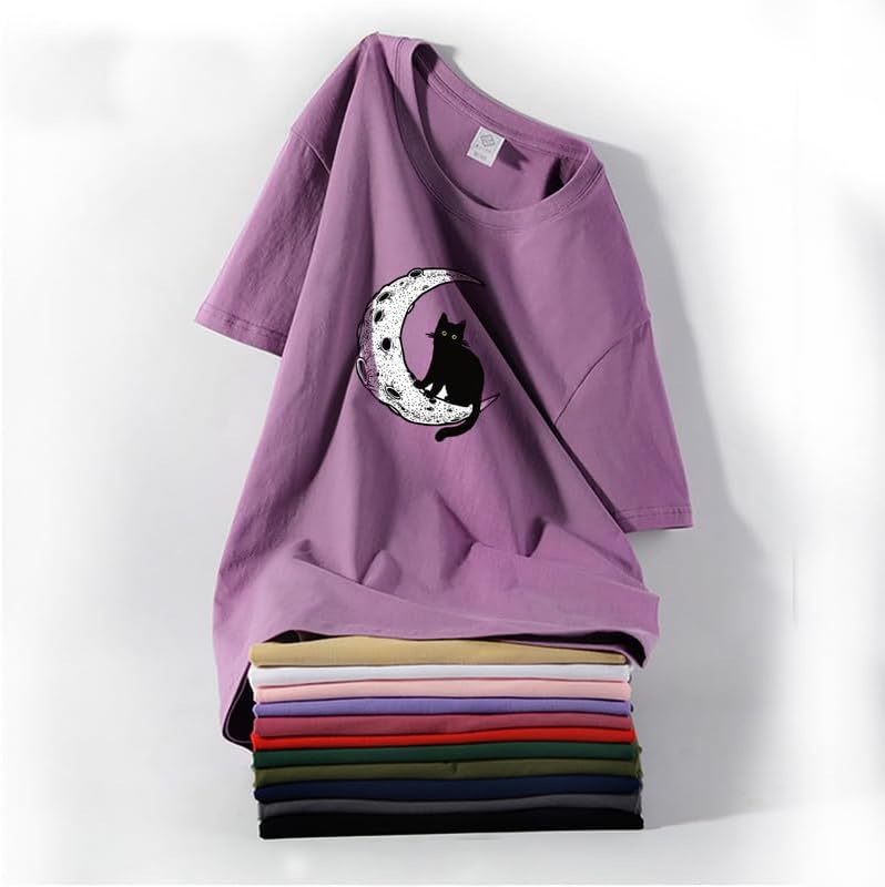 CORIRESHA Camiseta unisex de manga corta con cuello redondo y diseño de gato lunar, informal, de algodón suave