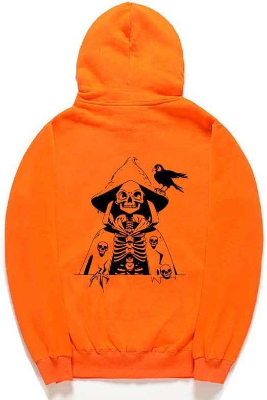 CORIRESHA Women's Skull Print Hoodie Long Sleeve Drawstring Casual Soft Unisex Halloween Sweatshirt