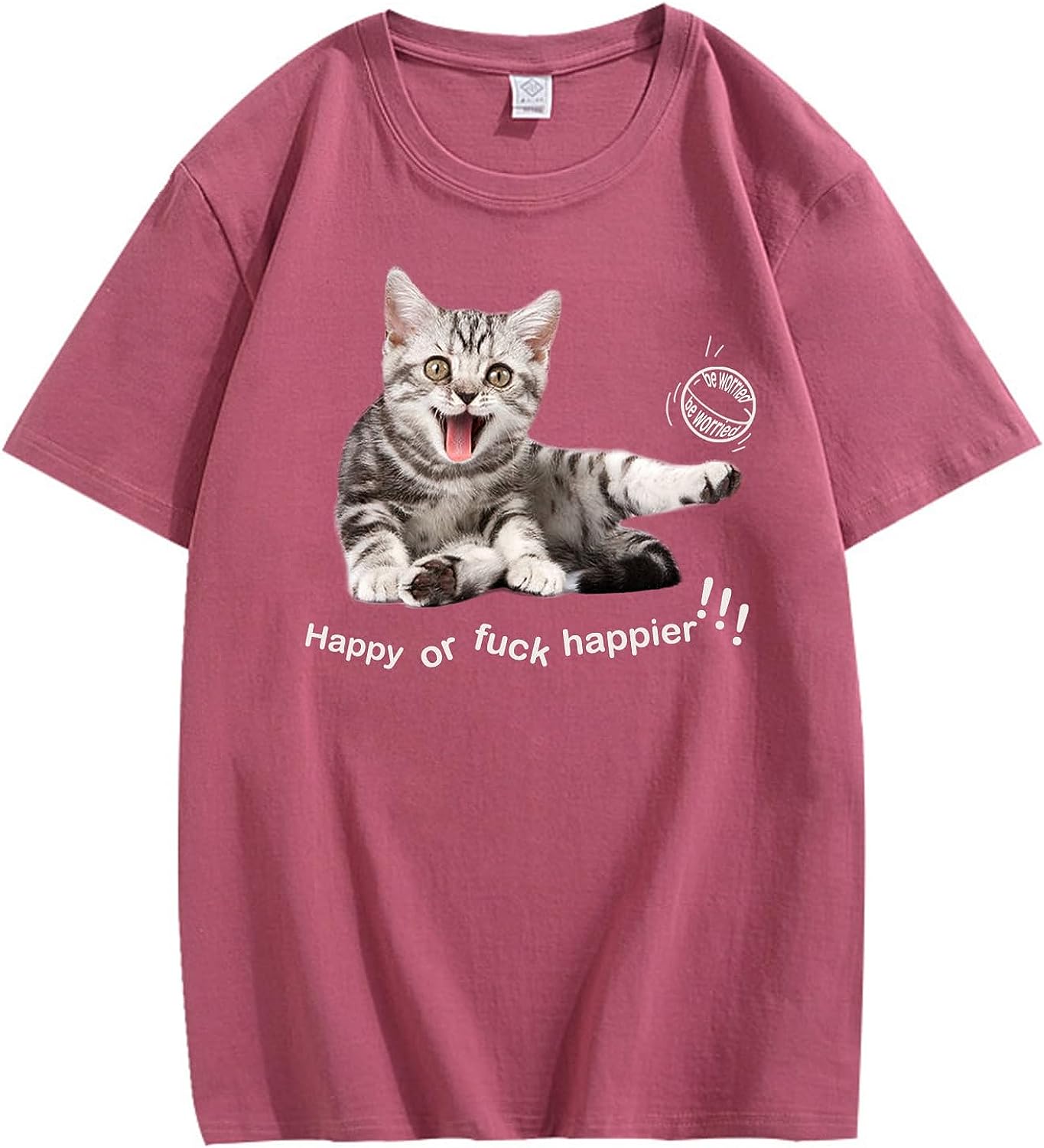 CORIRESHA Adolescente Happy Cat Cuello Redondo Manga Corta Verano Casual Algodón Linda Camiseta