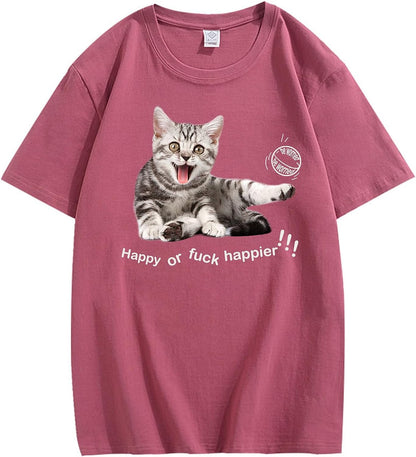 CORIRESHA Adolescente Happy Cat Cuello Redondo Manga Corta Verano Casual Algodón Linda Camiseta
