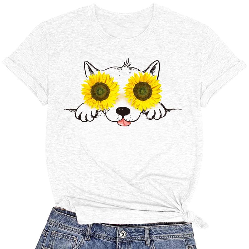 CORIRESHA Women's Cute Sunflower Graphic T Shirts Round Neck Short Sleeve Dog Lovers Clothing