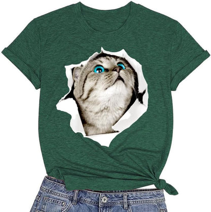 CORIRESHA Women's Cute Cat T-Shirt Short Sleeves Round Neck Casual Loose Basic Tops
