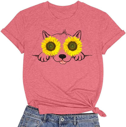 CORIRESHA Women's Cute Sunflower Graphic T Shirts Round Neck Short Sleeve Dog Lovers Clothing