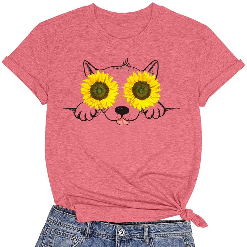 CORIRESHA - Camisetas con estampado de girasol para mujer, cuello redondo, manga corta, ropa para amantes de los perros
