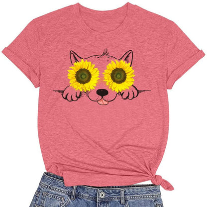 CORIRESHA - Camisetas con estampado de girasol para mujer, cuello redondo, manga corta, ropa para amantes de los perros