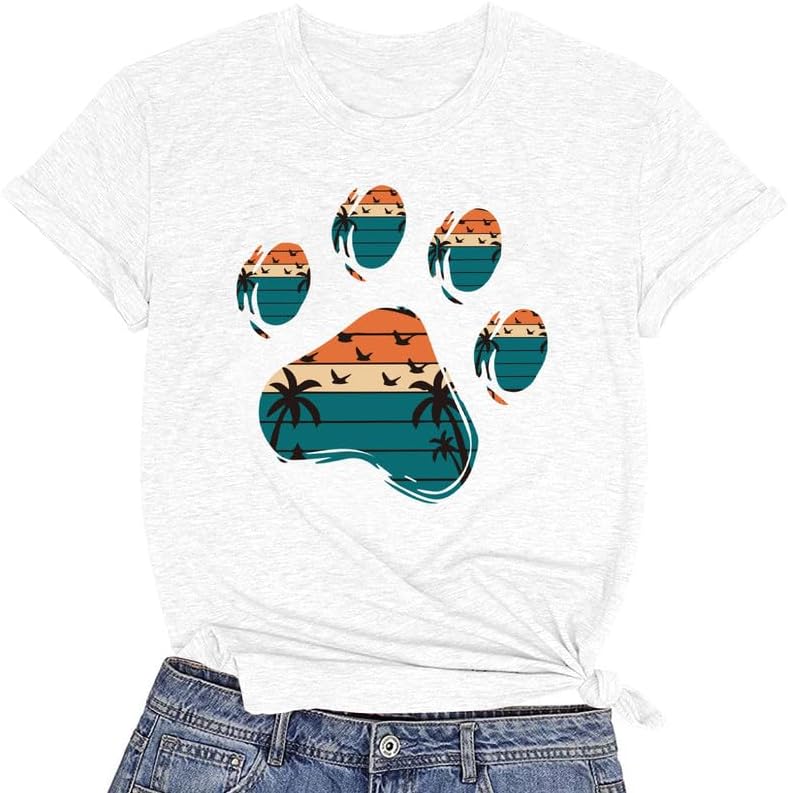 CORIRESHA Camisetas básicas informales de verano con estampado de huellas de perro y cuello redondo para mujer