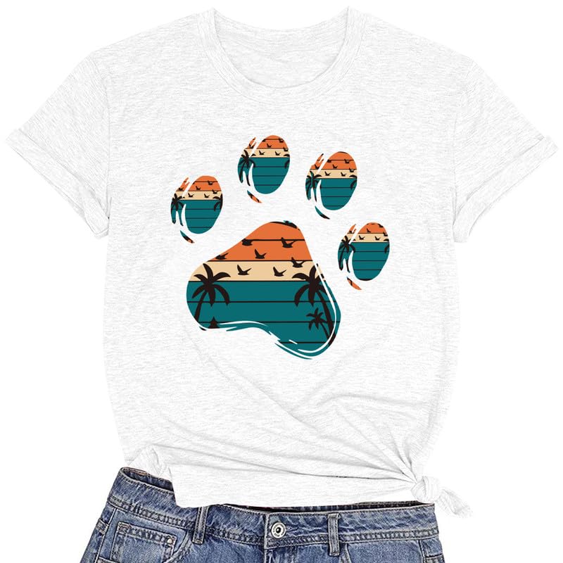 CORIRESHA Camisetas básicas informales de verano con estampado de huellas de perro y cuello redondo para mujer