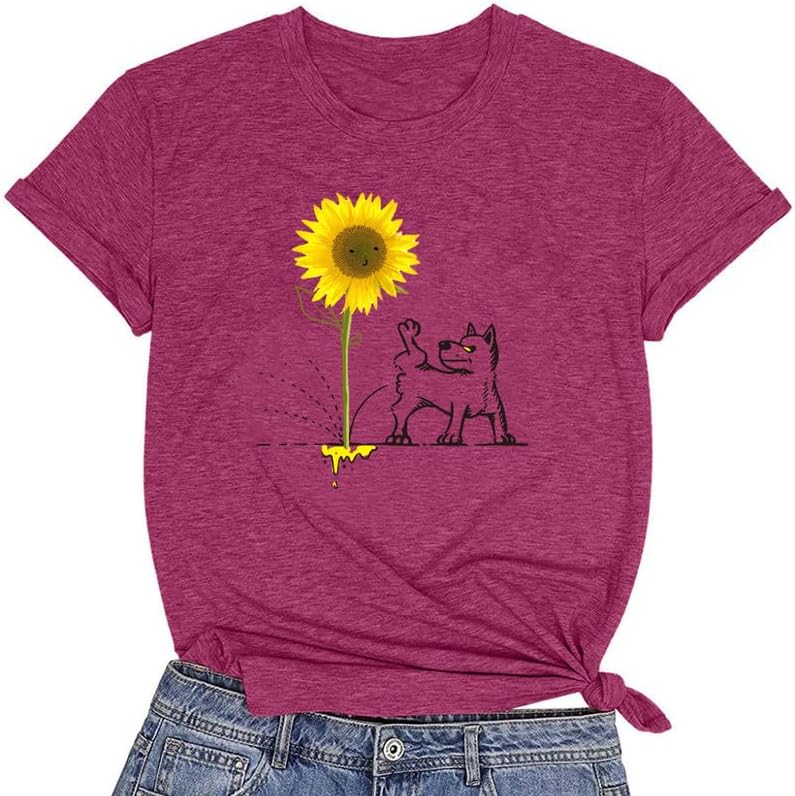 CORIRESHA Camiseta básica de manga corta con cuello redondo y estampado de girasol para mujer