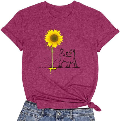 CORIRESHA Women's Dog Lovers Sunflower Print Summer Short Sleeve Round Neck Basic T-Shirt