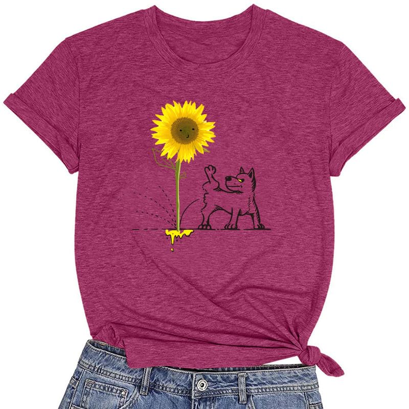 CORIRESHA Camiseta básica de manga corta con cuello redondo y estampado de girasol para mujer