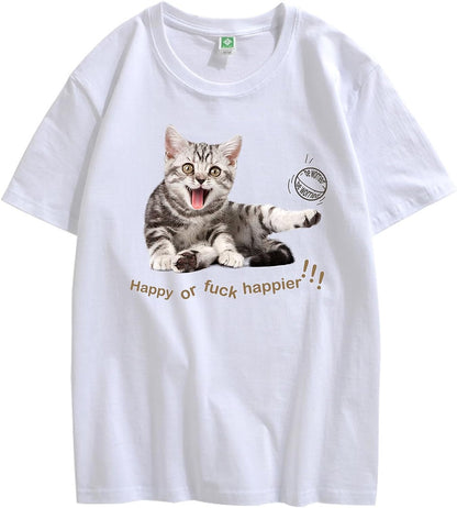 CORIRESHA Adolescente Happy Cat Cuello Redondo Manga Corta Verano Casual Algodón Linda Camiseta