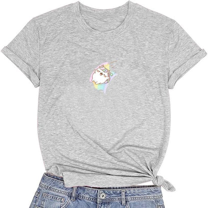 CORIRESHA Camiseta acogedora informal de verano de manga corta con cuello redondo y gato de dibujos animados para mujer