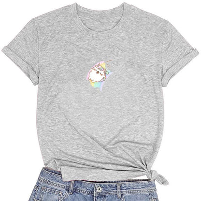 CORIRESHA Camiseta acogedora informal de verano de manga corta con cuello redondo y gato de dibujos animados para mujer