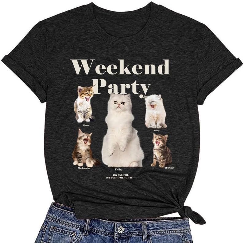CORIRESHA Women's Summer Round Neck Short Sleeve Cat Lovers Cute Letter T-Shirt