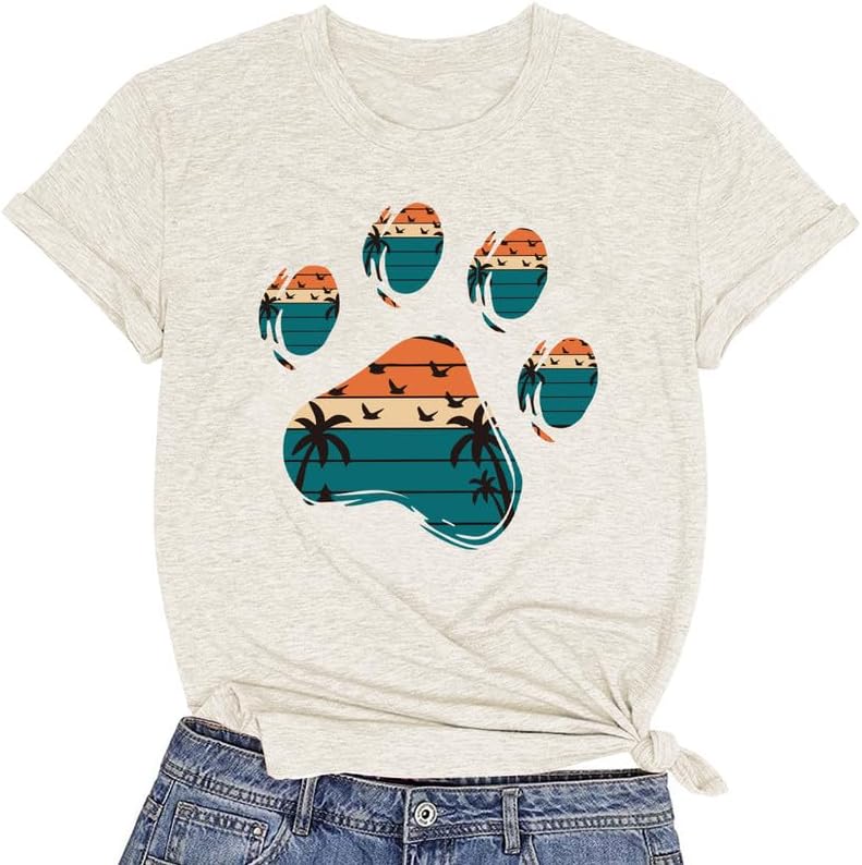 CORIRESHA Camisetas básicas informales de verano con estampado de huellas de perro y cuello redondo para mujer