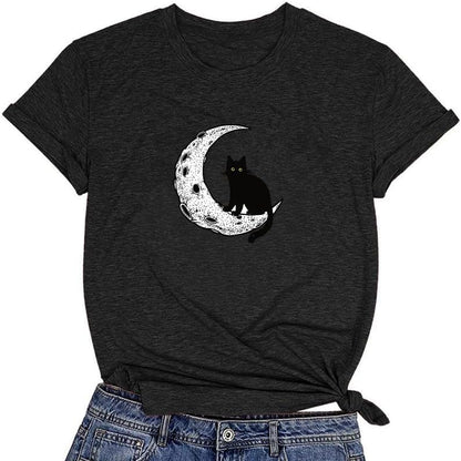 CORIRESHA Camiseta básica casual de manga corta con cuello redondo y gato negro luna para mujer