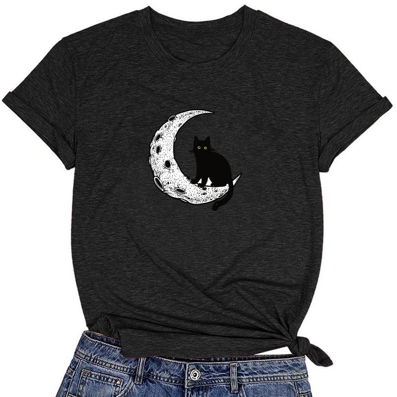 CORIRESHA Camiseta básica casual de manga corta con cuello redondo y gato negro luna para mujer