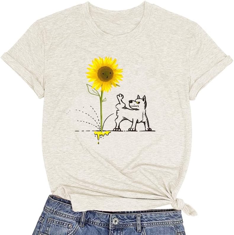 CORIRESHA Camiseta básica de manga corta con cuello redondo y estampado de girasol para mujer