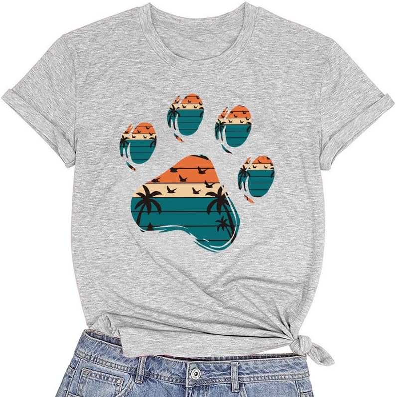 CORIRESHA Women's Dog Paw Print Round Neck Short Sleeves Summer Casual Basic T-Shirts