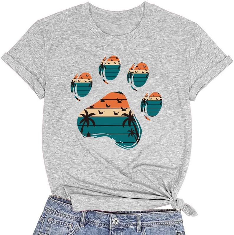 CORIRESHA Camisetas básicas informales de verano con estampado de huellas de perro y cuello redondo para mujer