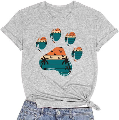 CORIRESHA Camisetas básicas informales de verano con estampado de huellas de perro y cuello redondo para mujer