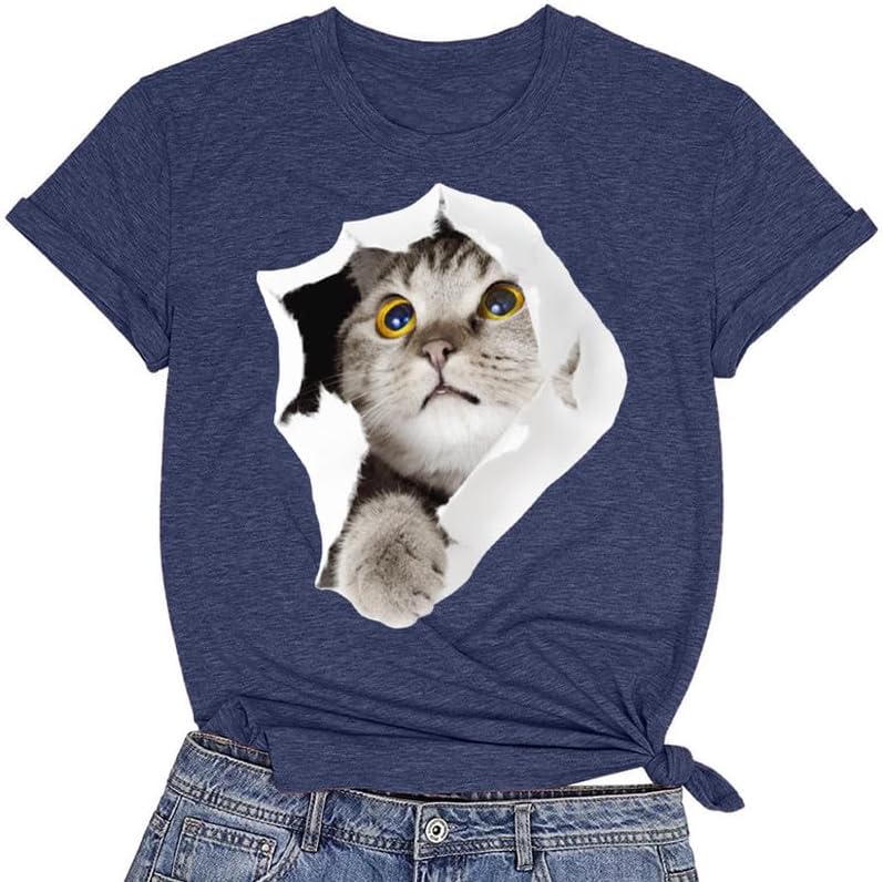 CORIRESHA Camiseta linda de verano de manga corta con cuello redondo, ropa informal para amantes de los gatos