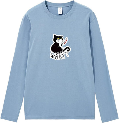 CORIRESHA Camiseta unisex de manga larga de algodón con diseño de gato divertido con cuchillo de sangre