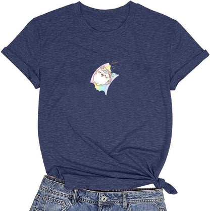 CORIRESHA Women's Cute Cartoon Cat Round Neck Short Sleeve Summer Casual Cozy T-Shirt