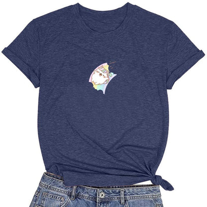 CORIRESHA Camiseta acogedora informal de verano de manga corta con cuello redondo y gato de dibujos animados para mujer