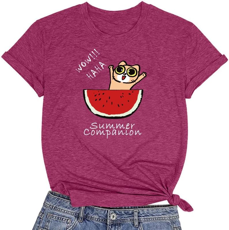 CORIRESHA Camiseta divertida de manga corta con cuello redondo y patrón de sandía para mujer