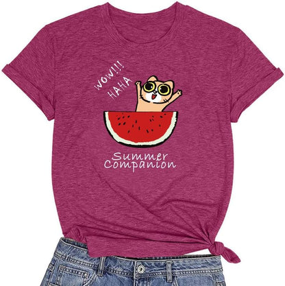 CORIRESHA Camiseta divertida de manga corta con cuello redondo y patrón de sandía para mujer