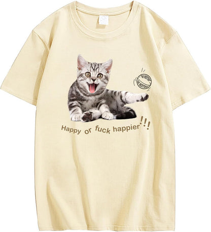 CORIRESHA Adolescente Happy Cat Cuello Redondo Manga Corta Verano Casual Algodón Linda Camiseta