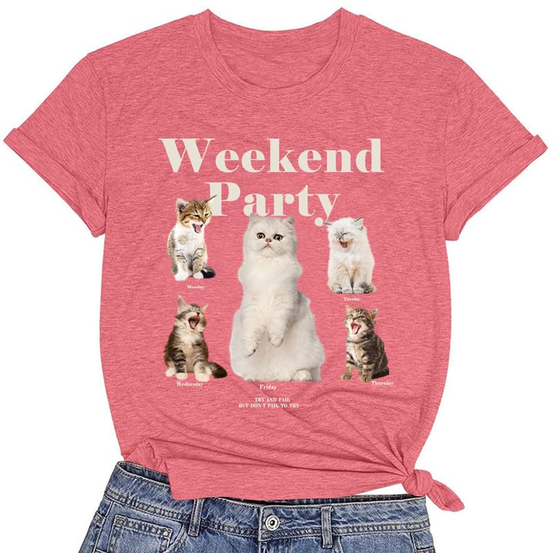 CORIRESHA Women's Summer Round Neck Short Sleeve Cat Lovers Cute Letter T-Shirt