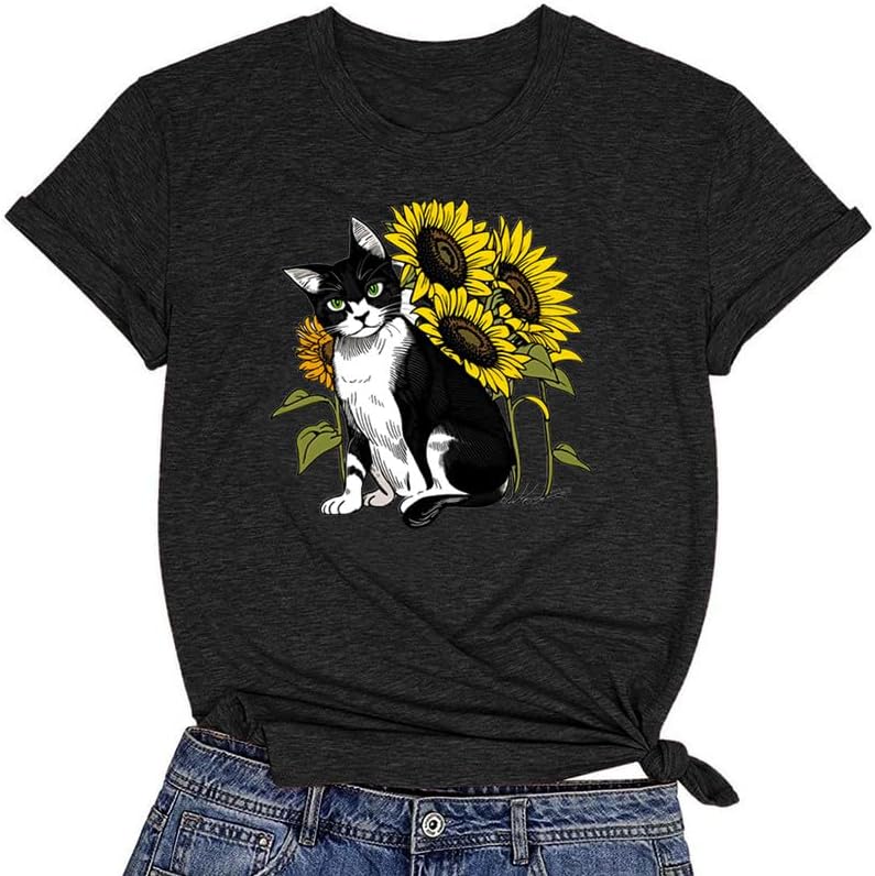 CORIRESHA Women's Cat Sunflower Crewneck Short Sleeve Casual Summer Cute T-Shirt