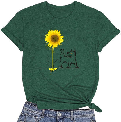 CORIRESHA Women's Dog Lovers Sunflower Print Summer Short Sleeve Round Neck Basic T-Shirt