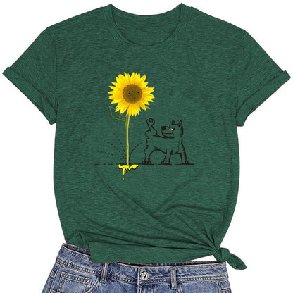 CORIRESHA Camiseta básica de manga corta con cuello redondo y estampado de girasol para mujer