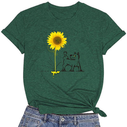 CORIRESHA Women's Dog Lovers Sunflower Print Summer Short Sleeve Round Neck Basic T-Shirt