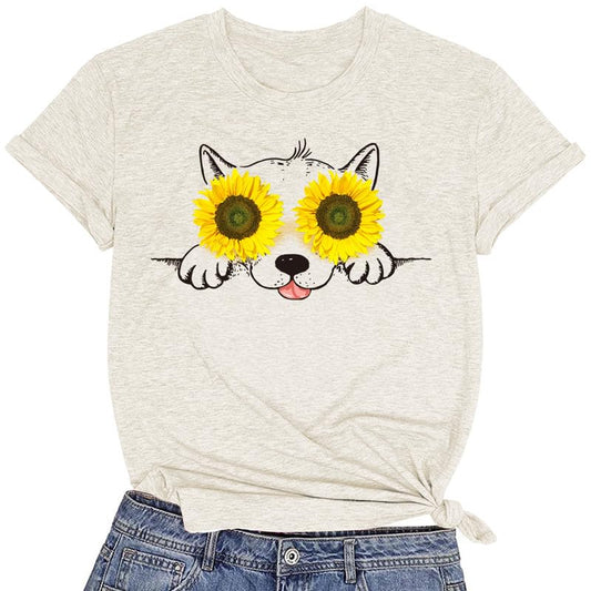 CORIRESHA - Camisetas con estampado de girasol para mujer, cuello redondo, manga corta, ropa para amantes de los perros