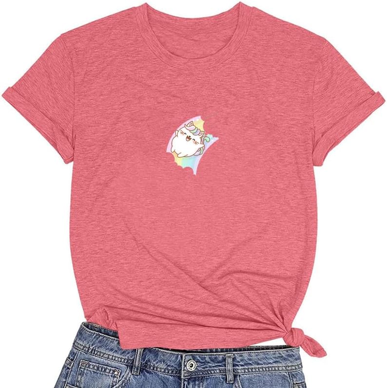 CORIRESHA Camiseta acogedora informal de verano de manga corta con cuello redondo y gato de dibujos animados para mujer